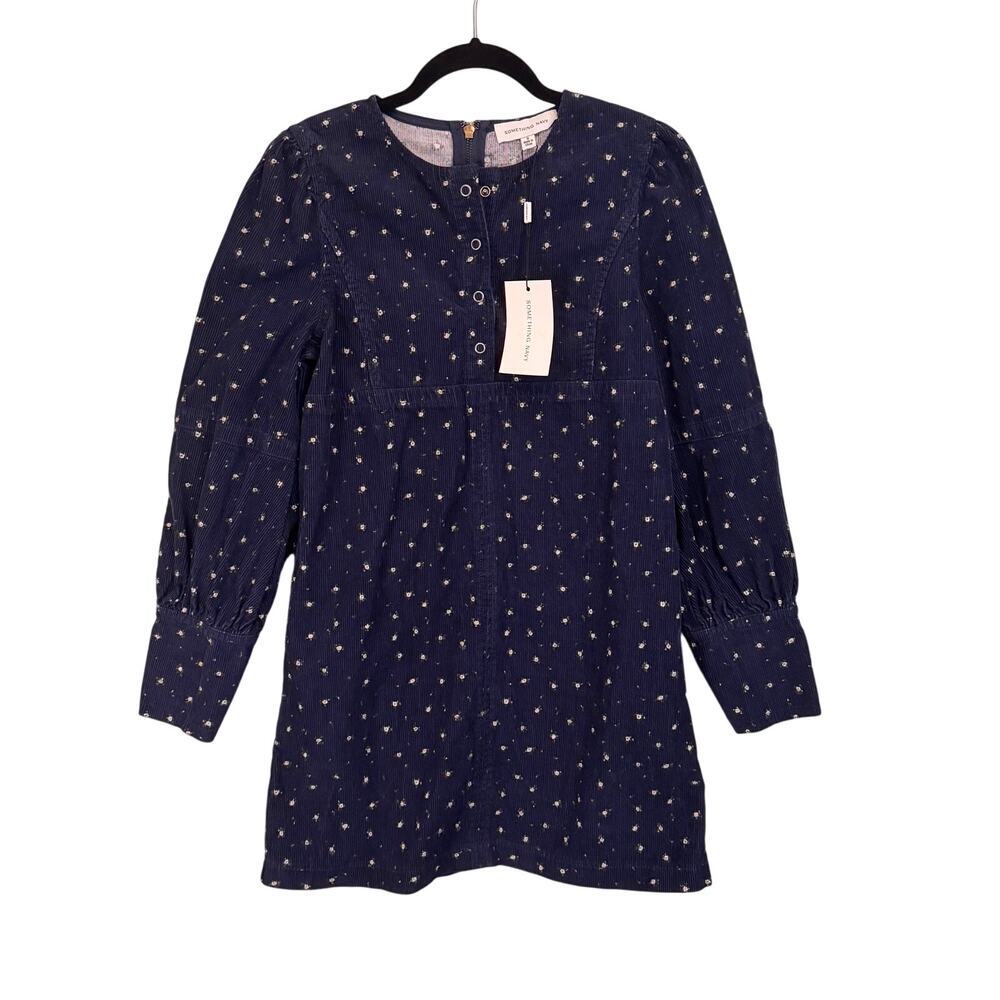 Something Navy Mini Dress Small Navy Blue Corduroy Edie Snap Long Sleeve NWT
